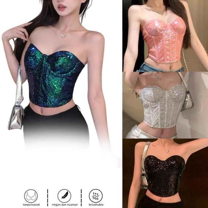 Bustier Top y Lingerie Shining Bustier Set y Corset Bra Wanita