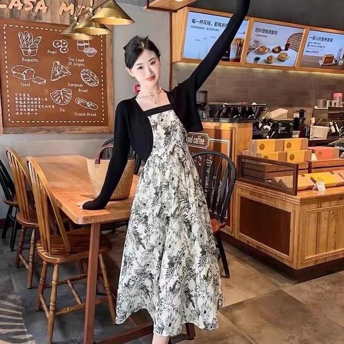 Ginfinik- Maxi Dress Floral Motif + Outer Cardigan Hitam Dress Pesta Setelan Dress Cardigan Long Dre