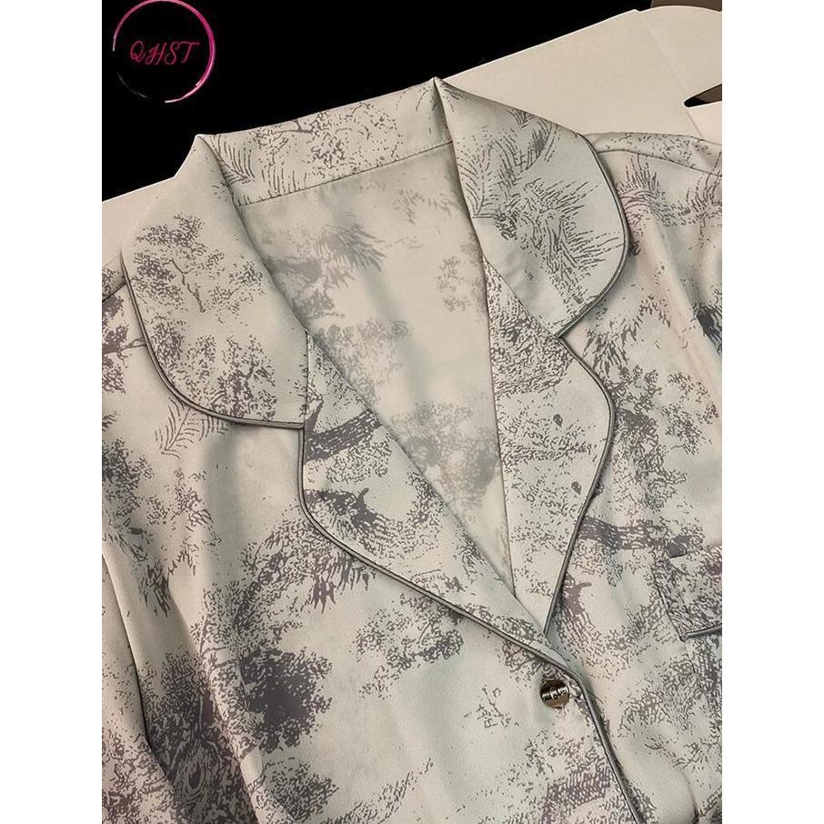 DISKON QHST Piyama Set Wanita Gaya Cina Lukisan Tinta Abu |  Lengan Panjang Celana Panjang | Baju Ti