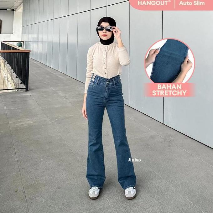 JINISO HANGOUT - 618 Cutbray Stretch Highwaist Celana Jeans Wanita