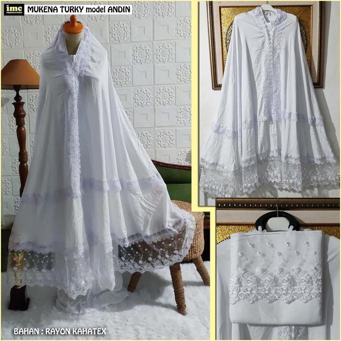 MUKENA TURKY MODEL ANDIN BAHAN RAYON PUTIH RENDA GYPER PLUS TAS