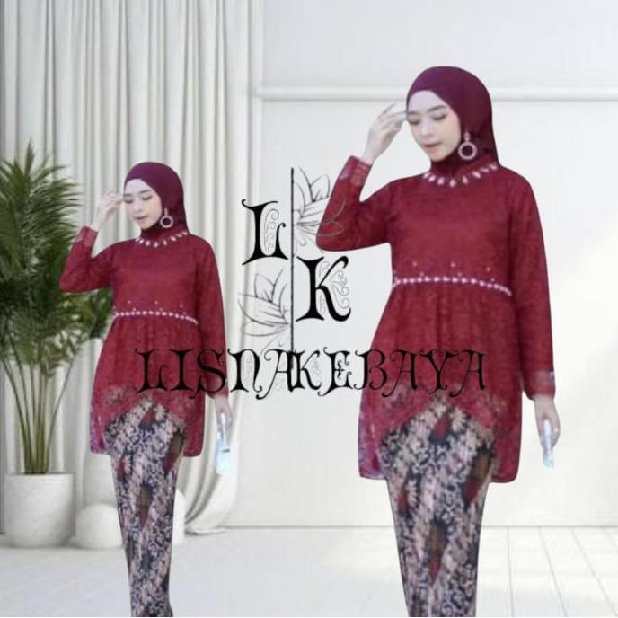 Lisnakebaya Set Kebaya Modern Tunik Payet Dinda Model Lengan Panjang Bawahan Rok Batik Dress Kerah M
