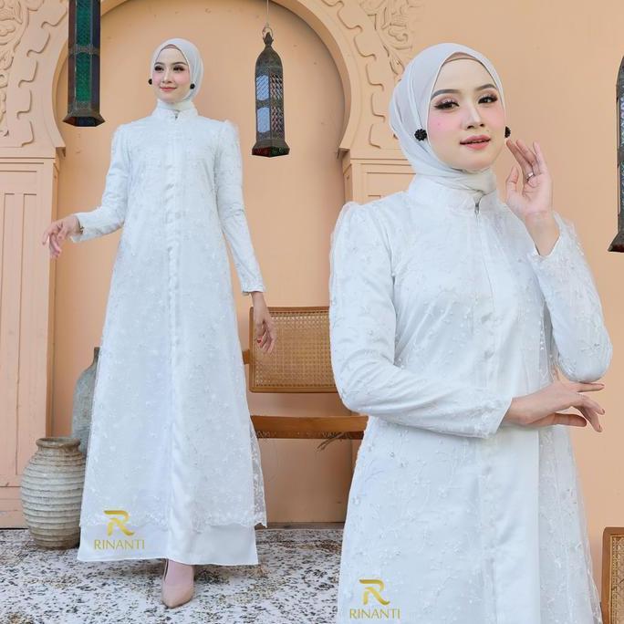 Veline Dress Brokat Putih Modern Gamis Elegan Pesta Muslimah Premium Untuk Lebaran Lamaran & Kondang