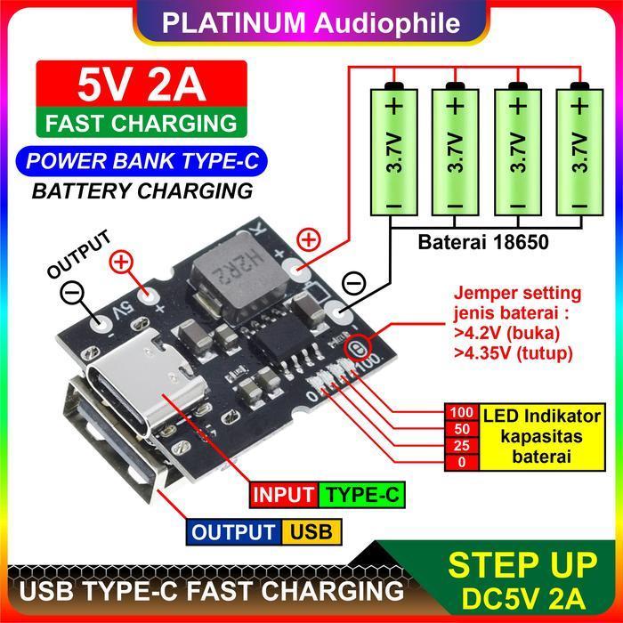 Modul Power Bank USB Type-C Fast Charger Step up Charging Lithium Baterai 18650