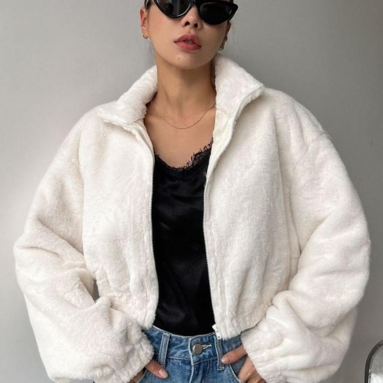 TERBARU JAKET SWEATER TEDDY BEAR SHERPA CROP UNIQLO CROP BULU WANITA