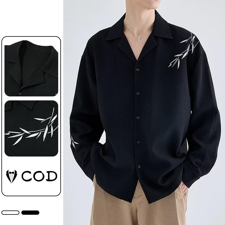 Best Deals Kemeja Pria Oversize V Neck Kemeja Hitam Lengan Panjang Pria Desain Bordir Daun Bambu Kan