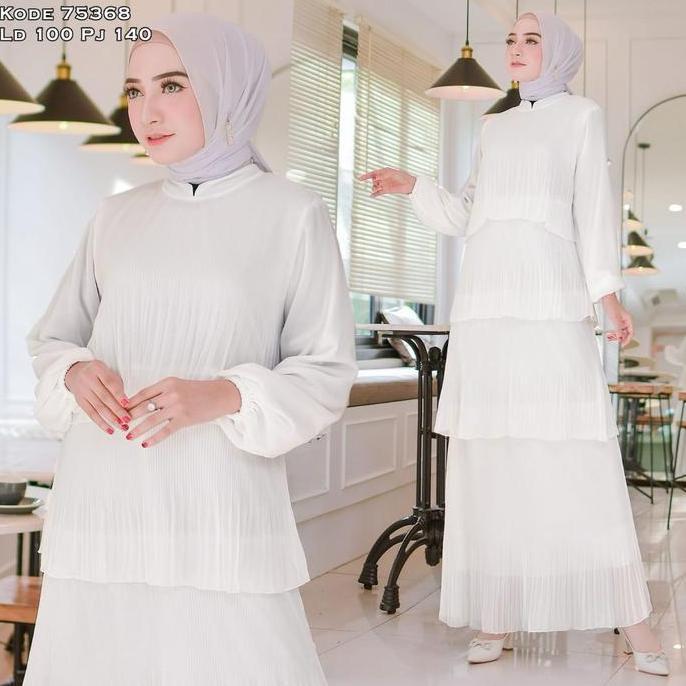 Gamis Ceruty Plisket Rempel Putih Polos Gaun Muslim Vima 75368