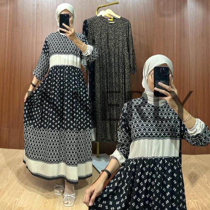 INNERLY Midi Dress Rayon Motif Busui Lengan Karet