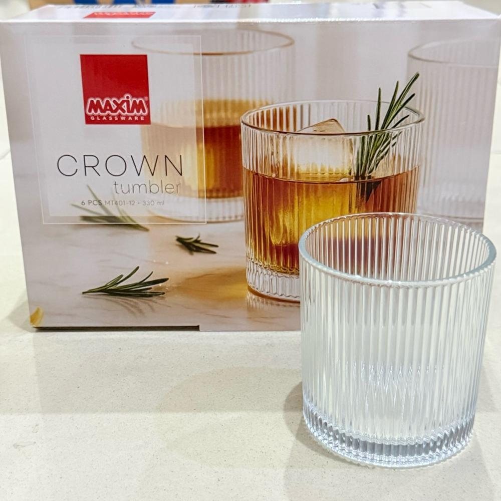 Satu Set Gelas Kaca Garis Cantik Mewah Crown Maxim isi 6 330ml