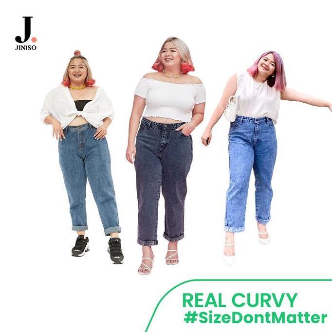 REAL CURVY - JINISO Jumbo Boyfriend Celana Jeans Wanita Warna Denim HighWaist