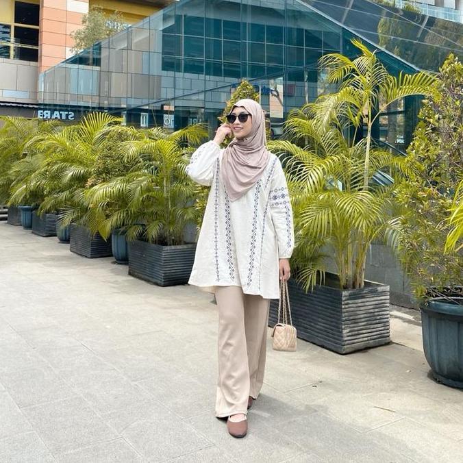 Wkwkwk- Laura Tunik Tunic Atasan Raya Lebaran Idul Fitri Ethnic Cantik Linen Muslim Panjang Wanita K