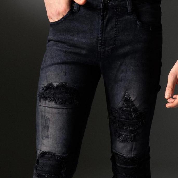 Weird Jeans - Austin Black - Celana Jeans Pria Slimfit Strech Ripped Tambal Denim Nyaman Stretch
