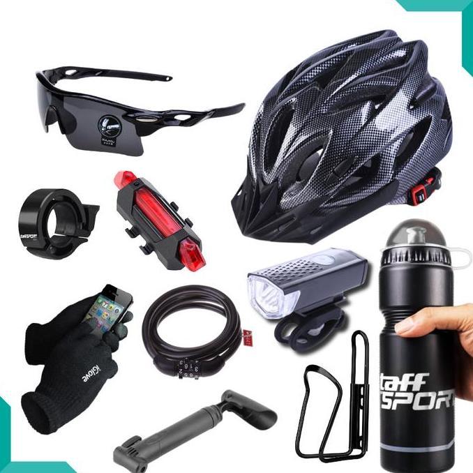 Promo Paket Aksesoris Sepeda Komplit Helm + Kacamata + Lampu + Botol Minum Diskon