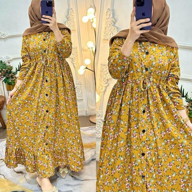 Bergaransi Gamis Serut Motif Kancing Muslimah Panjang Wanita Rempel Busui Dress Mewah Lebaran