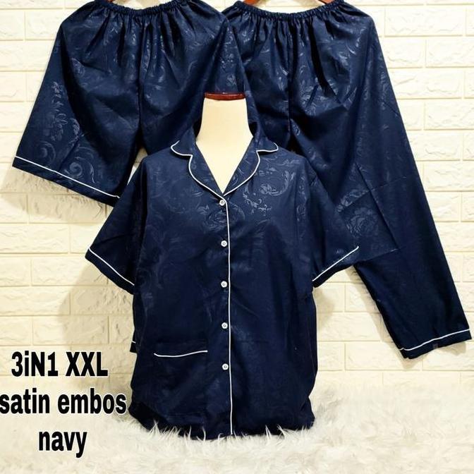 baju tidur wanita dewasa piyama dewasa 3in1 satin embos ukuran M, L, XL, XXL/Jumbo Celana Panjang