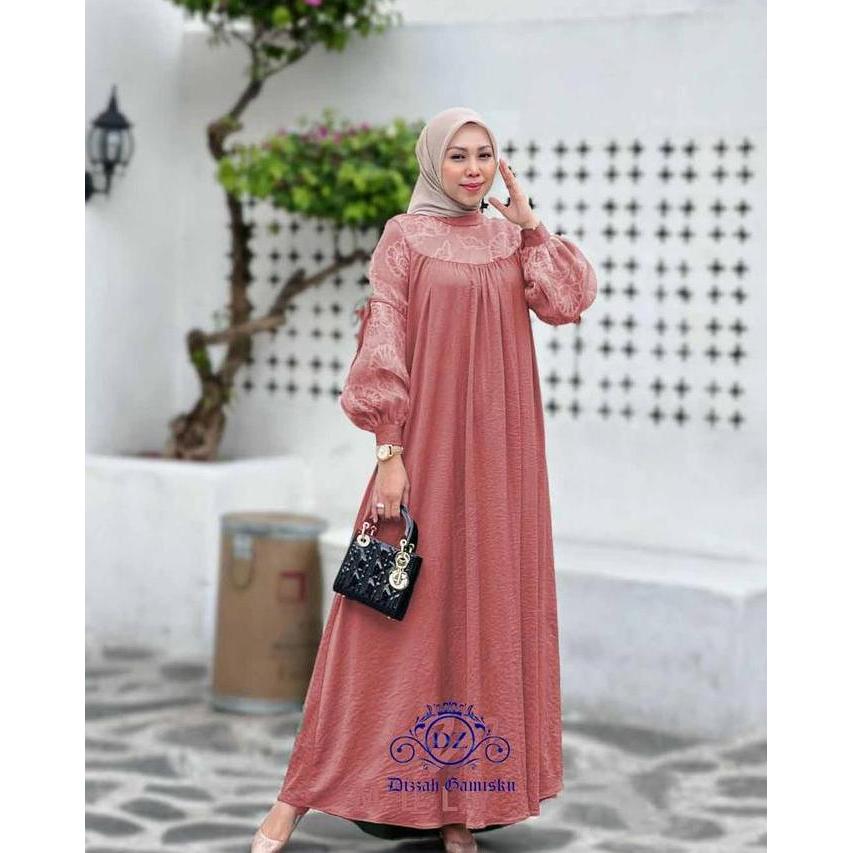 Viral  Dizzah Gamisku Andini Dress Gamis Polo Linen Mix Brukat Model Elegan Abu Coklat Wanita Muslim