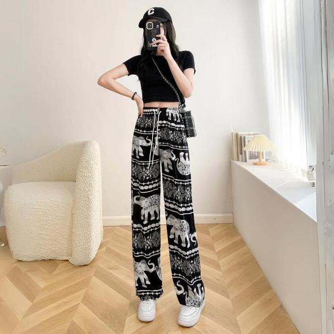 DF52 - CPG458 Celana Motif Kulot Wanita Santai Gambar Gajah Bahan Rayon Halus Panjang Katun Salur Hi