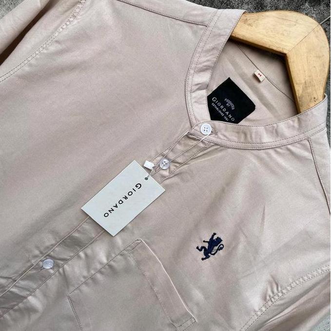 Giordano Kemeja Lengan Panjang Pria Slimfit Casual Bordir Lion 3D Atasan Dewasa Muslim Hitam Baju Ko