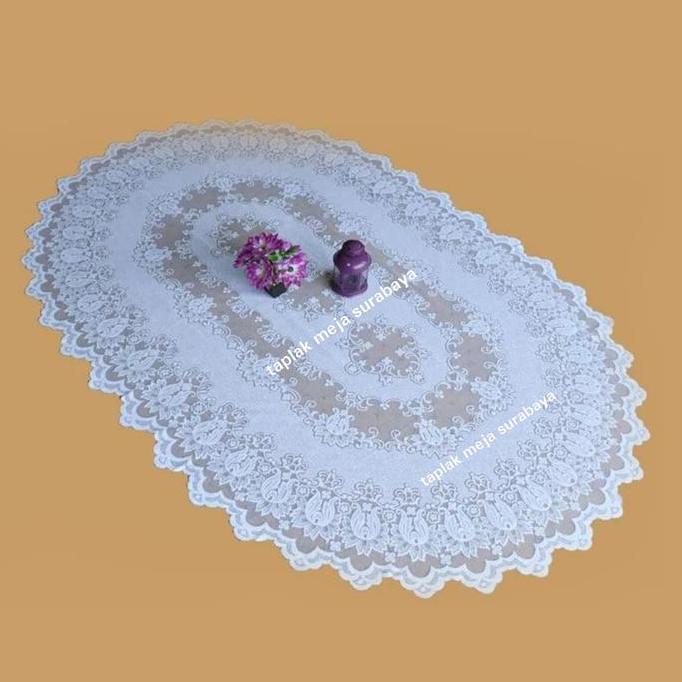 ] Taplak Meja Makan Oval Bahan Kain Brukat Brokat Warna Putih Polos