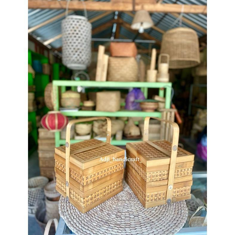 Sale Rantang Bambu Kotak 25x25 cm susun 2 asap | Rantang Bambu Anyaman | Rantang Bambu Kotak | Box B