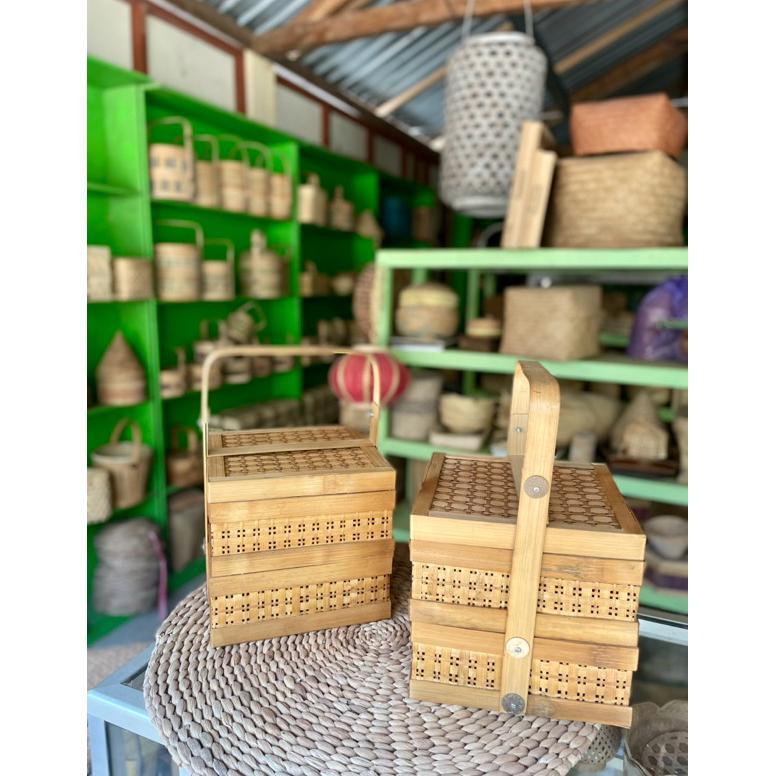 HOT DEALS Rantang Bambu Kotak 25x25 cm susun 2 asap | Rantang Bambu Anyaman | Rantang Bambu Kotak | 