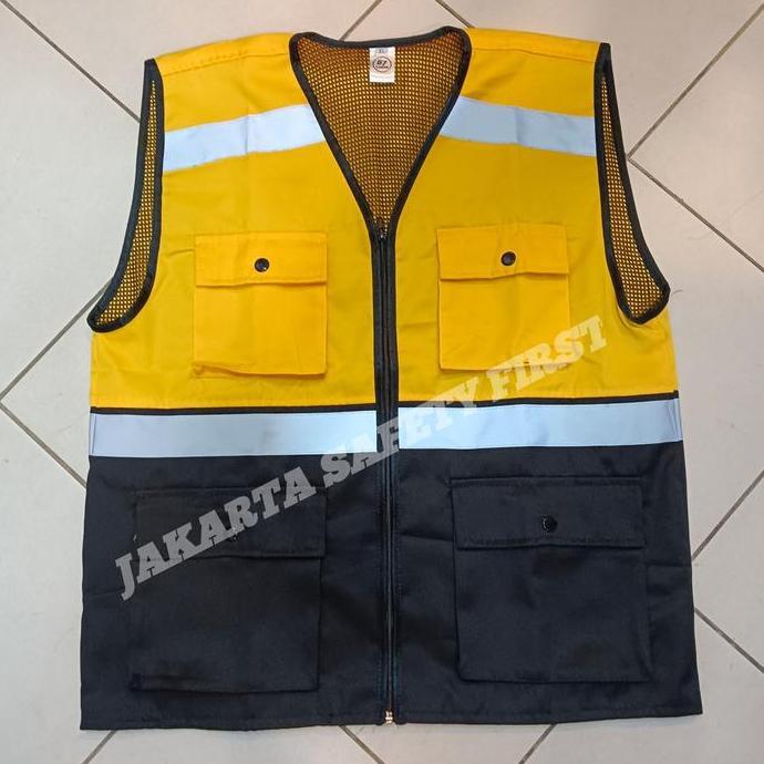 Rompi Safety Kombinasi Kuning Hitam / Rompi Drill Kuning 4 Kantong