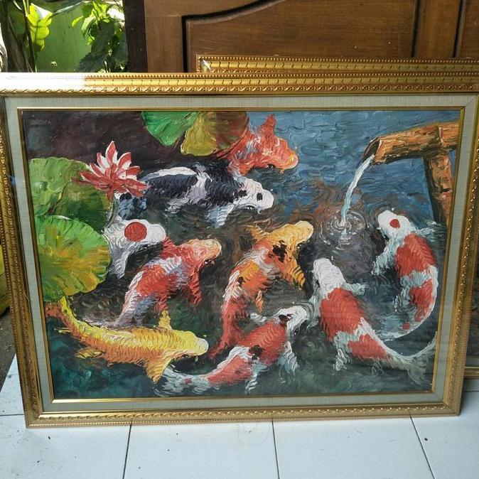 Terlaris Lukisan Kanvas Canvas Ikan Koi 77 X 97 Bingkai / Lukisan Tangan Murah