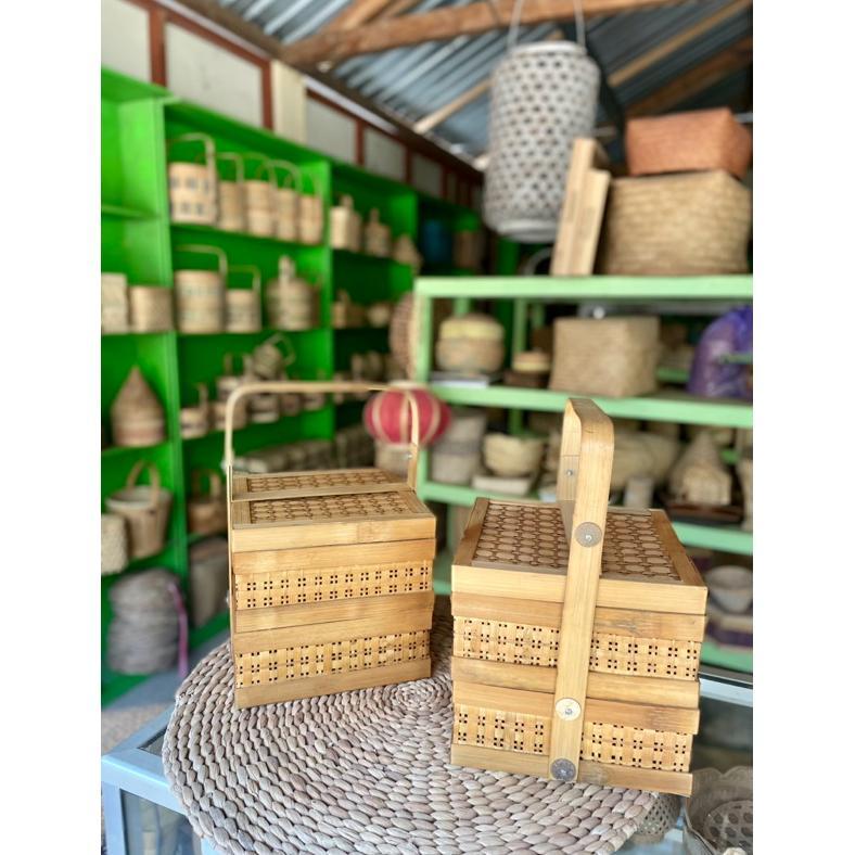 HOT DEALS Rantang Bambu Kotak 25x25 cm susun 2 asap | Rantang Bambu Anyaman | Rantang Bambu Kotak | 