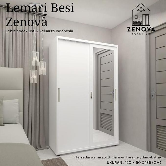 Terlaris Zenova Lemari Kamar Tidur Besi Sliding 2 Pintu 120Cm - Pintu Geser Cermin Minimalis & Gantu