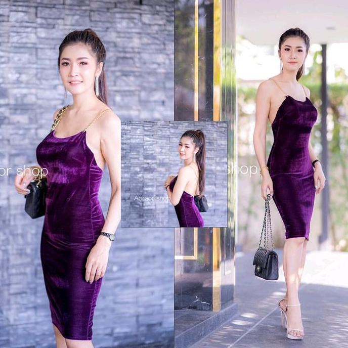 DF164 - - Yovana Dress Bludru Tali Rantai Silang 806 Casual Wanita
