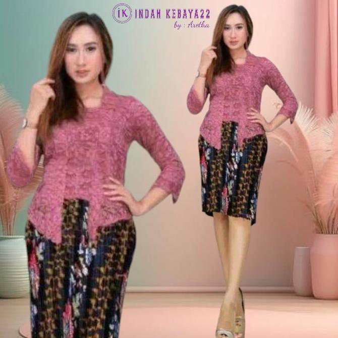 DF135 - Setelan Kebaya Kutubaru Brokat Modern Elegan Wanita Rok Plisket Batik Pendek Katun Silk Baju