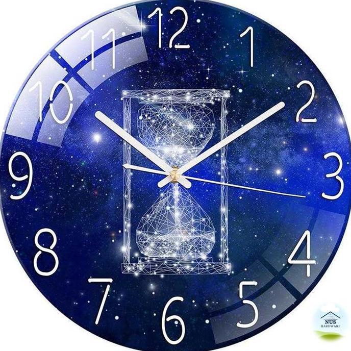 BOWATA YESCOM Jam Dinding Kaca UV Printing Hourglass Silent 30cm GZ034 Biru Mesin LongDeli 5188S Ger