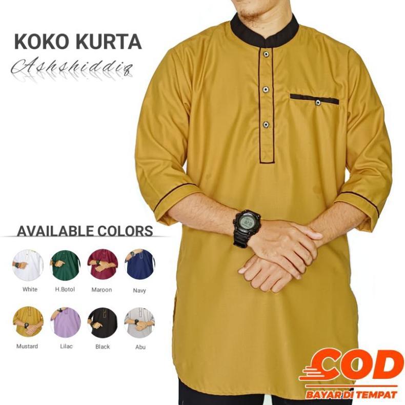 Tahan Lama  Koko Kurta Ashshiddiq - Baju Koko Kurta Pria Dewasa Lengan 3/4 Warna Mustard Putih Hijau