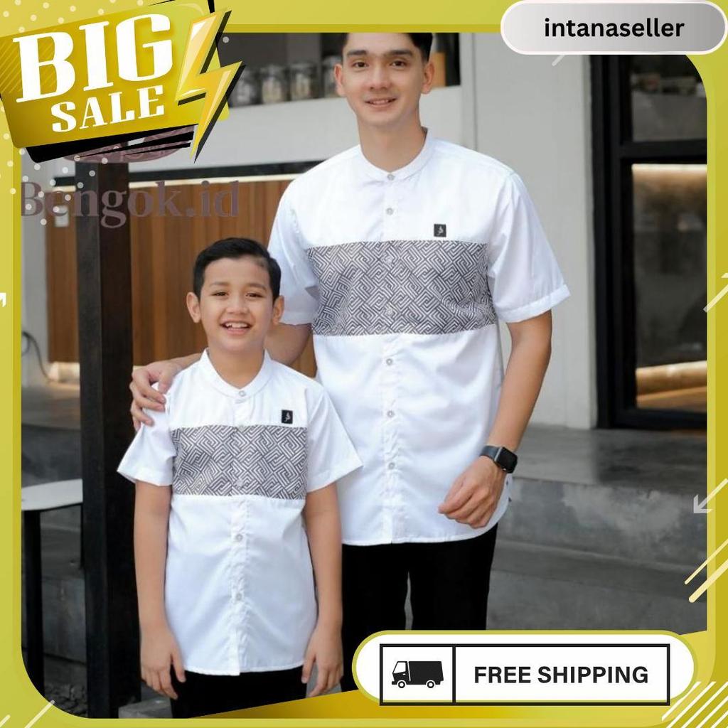 Baju Koko Lengan Pendek Couple Motif Kombinasi Batik Warna Hitam  Couple Ayah Dan Anak Premium Warna