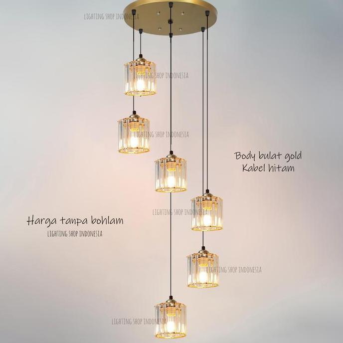 Lampu gantung void 6in1 gold kaca kristal minimalis modern 6 lampu