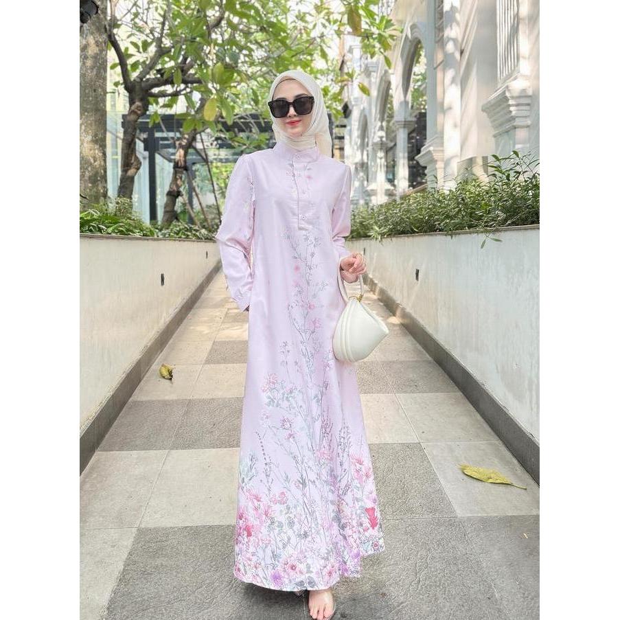 Miliki Fanmu Gamis Silk Premium Motif Bunga Terbaru Dress Muslim Cassandra Outer Brokat Tunik Lesti 