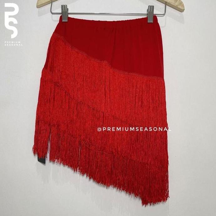 Kirimlangsung- Rok Rumbai Miring - Celana Rok Rumbai Motif Miring 3 Tingkat Panjang Merah