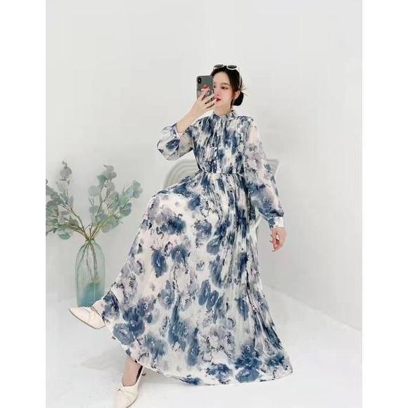 Diskon [Kiki]Maxi Dress Wanita Motif Bunga Rok Plisket Gamis Muslim Maxi Midi
