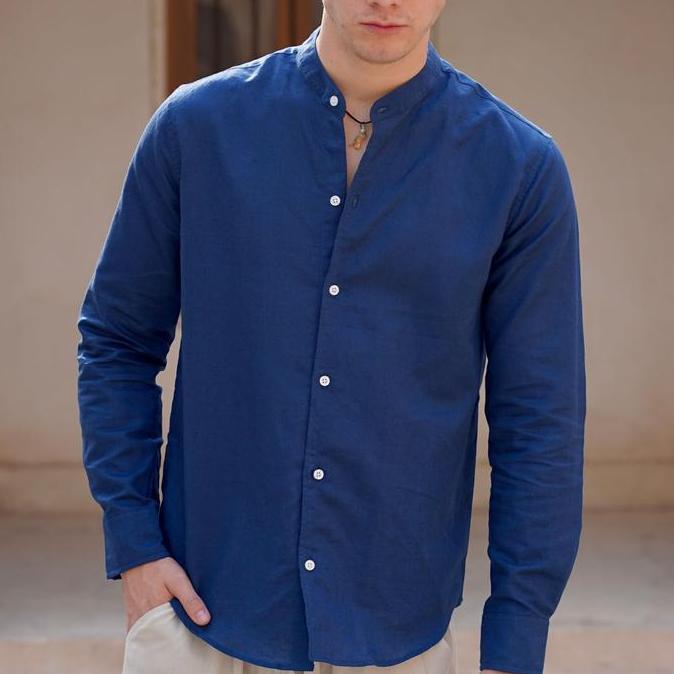 REMEDY Kemeja Linen Pria Lengan Panjang Kerah Koko / Shanghai Pilihan Warna Ungu Muda Krem Putih Bir