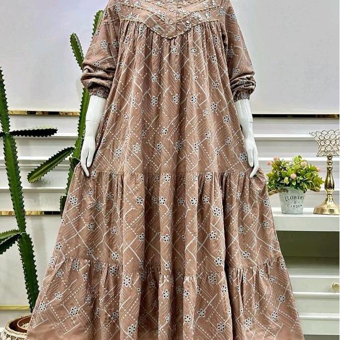 Ftx- Midi Salvina Dress Premium Wanita - Baju Busui Friendly Dengan Bahan Katun Bordir Bolong - Midi