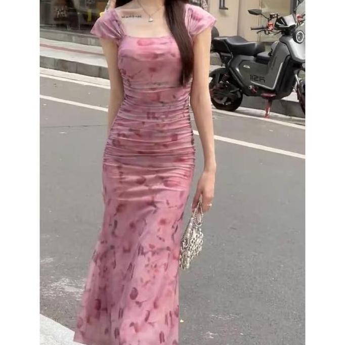 Ftx- 988 Gaun Pink Summer Dress Big Size Party Dress Women Manis Floral Gaun Terbuka  Modis  Sexy Bi