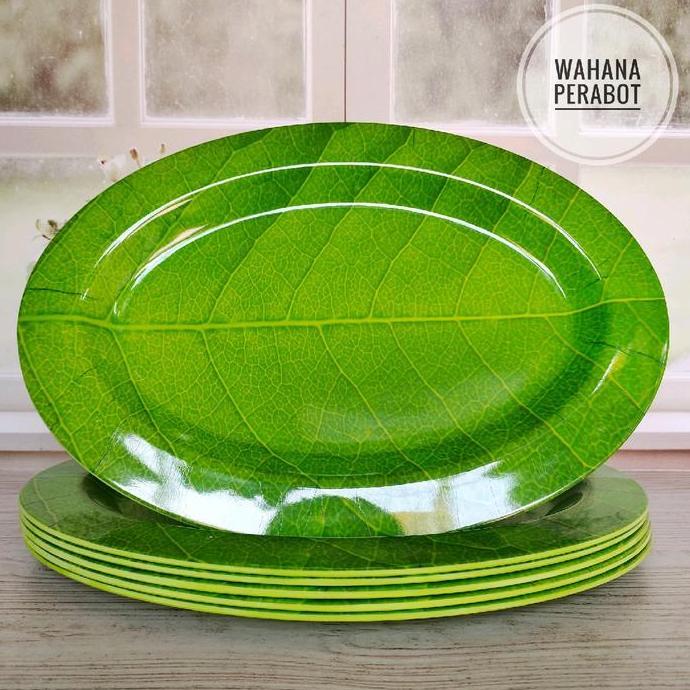 3 PIRING MELAMIN MODEL OVAL JUMBO BESAR MOTIF DAUN ES