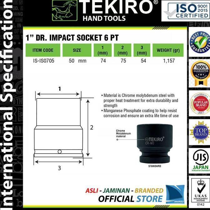 Kunci Sok 50 mm Hitam Stang 1" inch 6 PT PUKUL - IMPACT Sock TEKIRO