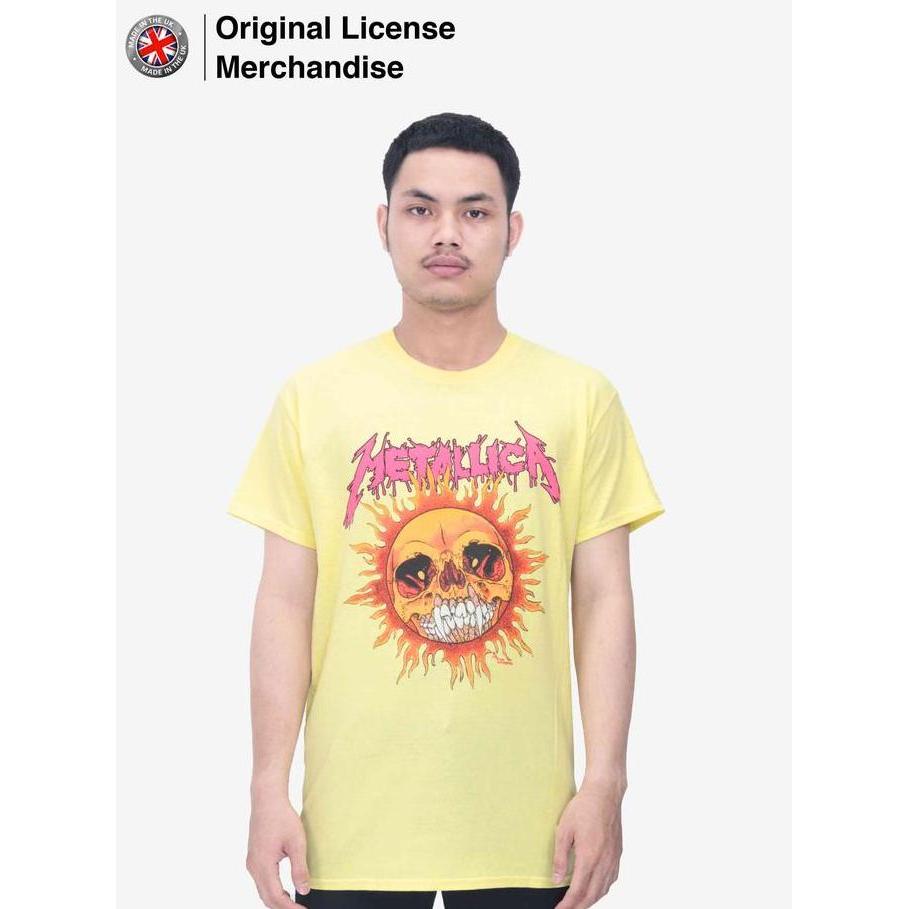 Kaos Baju Pendek Pria Katun Band Musik METALLICA Fire Sun Pale Yellow