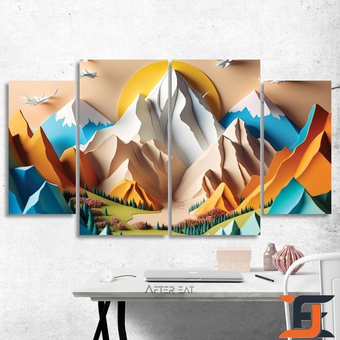 Aftereat Hiasan Dinding 4 In 1 Set 3D Pemandangan Gunung Walldecor Lukisan Alam Pajangan Poster Kayu