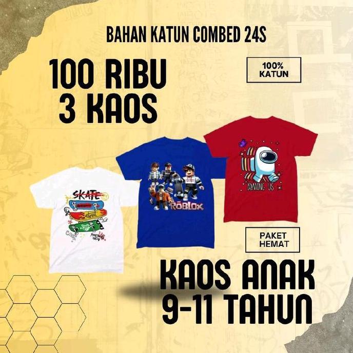 AI81 ~ Kaos anak cewek cowok 9-12 tahun paket 3 pcs katun combed 24s Hitam Putih Polos
