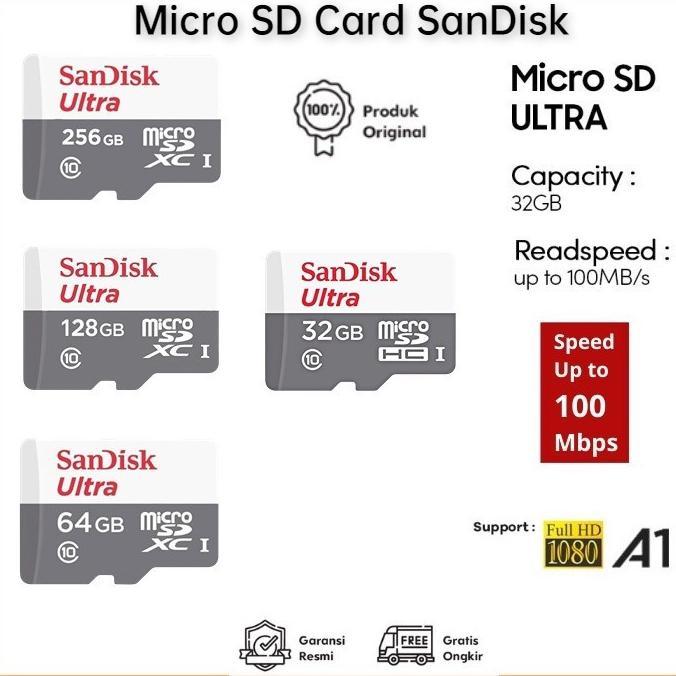 MEMORY CARD SANDISK 128GB 64GB 32GB 16GB Micro SD MMC Memori Hp Sandisk Ultra