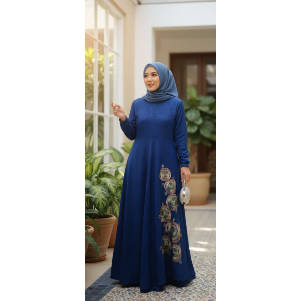 Gamis Pesta Elegant Merk Shiraaz Bahan Jacquard Warna Biru Kombinasi Bordir Panjang 144 cm