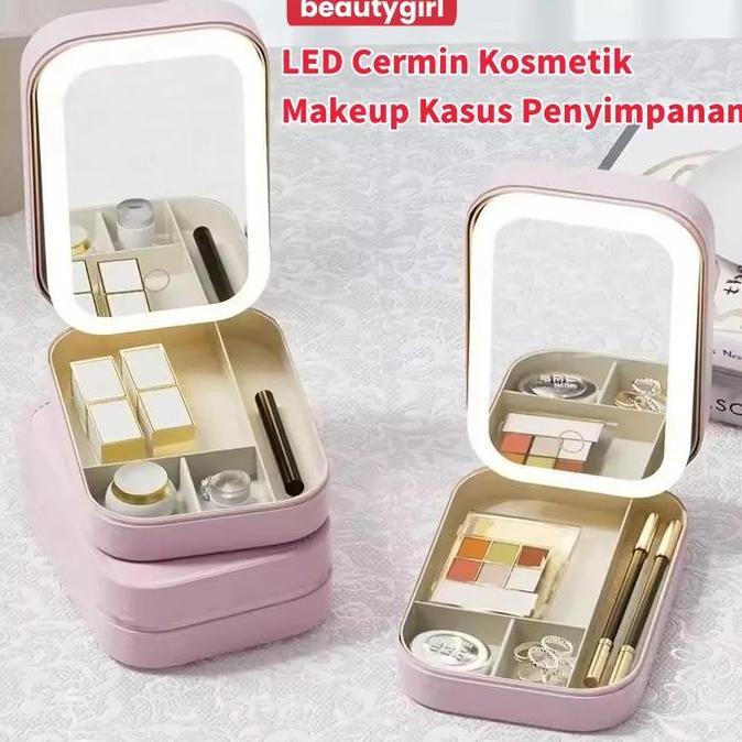 SOLALA Kotak Perhiasan Portable dengan Cermin Makeup LED Makeup Kaca Lampu LED Mirror Touch Screen R