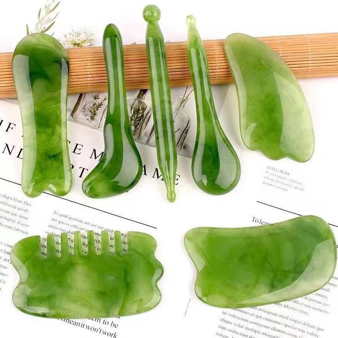 7Pcs Alat Pijat Wajah Gua Sha Gua Sha Board Batu Jade Giok Asli Alami Massage Massager Stone LS